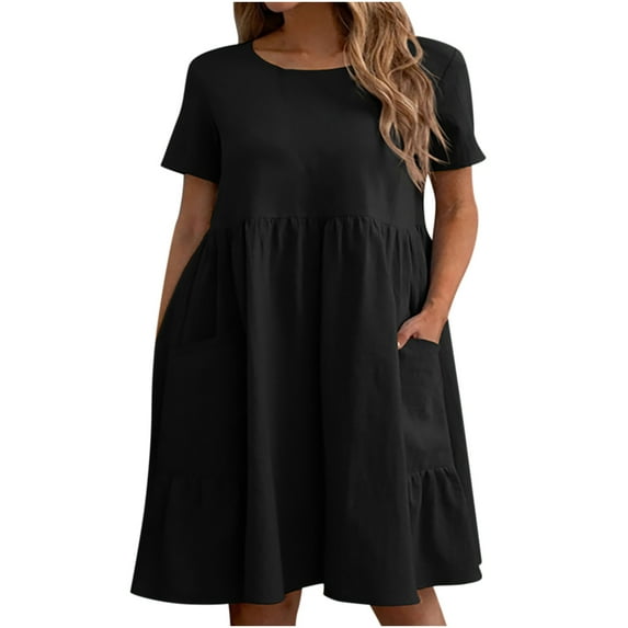 BLVB Women's Loose Short Sleeve Plain T-Shirt Dress Casual Round Neck Tiered Cotton Linen Dress Beach Sundress with Pocket