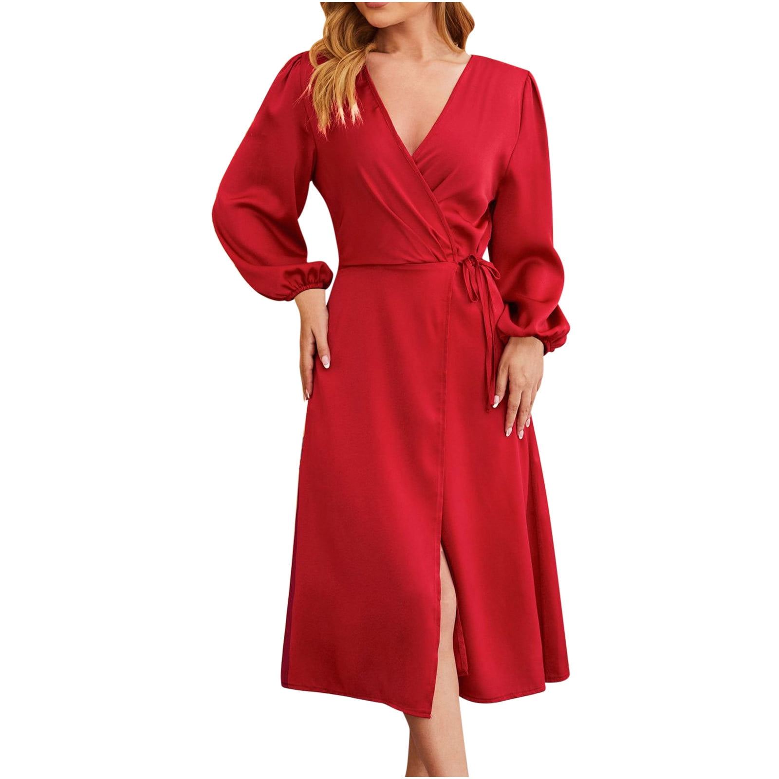 Women's Satin Belted Midi Wrap Dress