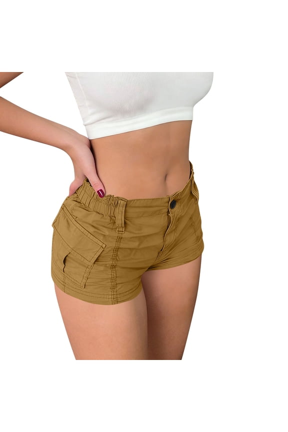 Women's Mini Cargo Shorts Elastic Waist Low Rise Slim Fitted Vintage Streetwear Summer Casual Chino Shorts