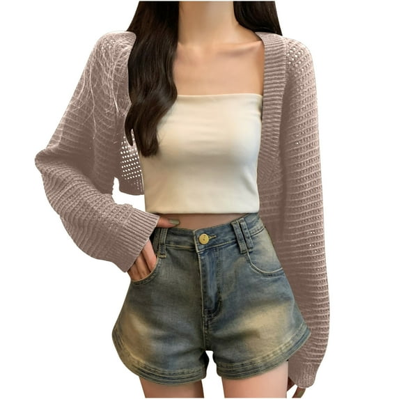 BLVB Women's Open Front Cropped Cardigans Casual Long Sleeve Cable Knit Hollow out Shrug Sweater Tops