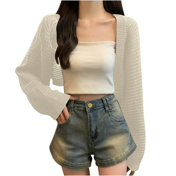 BLVB Women's Open Front Cropped Cardigans Casual Long Sleeve Cable Knit Hollow out Shrug Sweater Tops