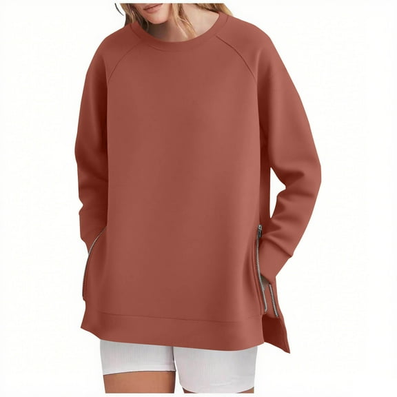 BLVB Women's Oversized Sweatshirts Crewneck Long Sleeve Tunic Pullover Shirts Side Zipper Tops Fall Clothes