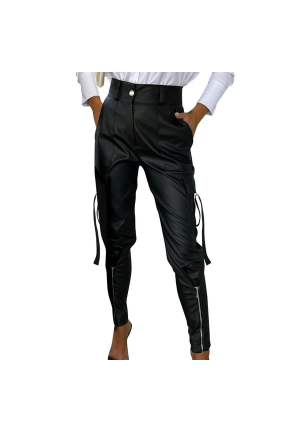 Women's PU Leather Pants High Waist Zipper Goth Leather Pants Legging Trousers Clubwear with Pockets