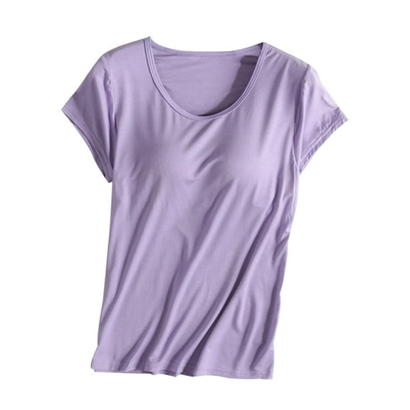 BLVB Women's Padded Built-in-Bra T-Shirts Short-Sleeve Crew Neck Wireless Bra Pajamas Tops Tee for Yoga Workout Plus Size