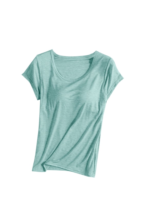Women's Padded Built-in-Bra T-Shirts Short-Sleeve Crew Neck Wireless Bra Pajamas Tops Tee for Yoga Workout Plus Size