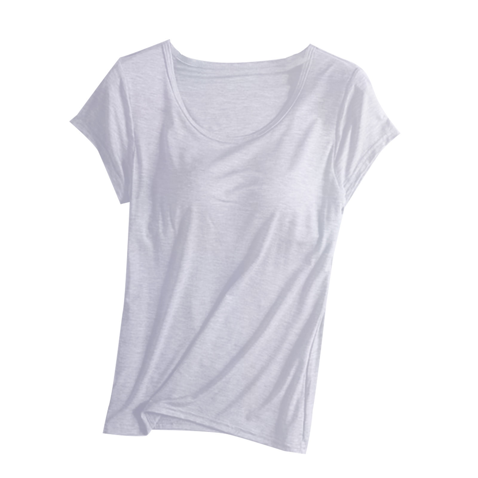 Women's Padded Built-in-Bra T-Shirts Short-Sleeve Crew Neck Wireless Bra Pajamas Tops Tee for Yoga Workout Plus Size