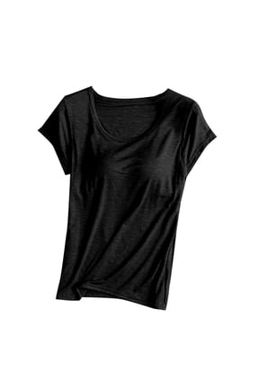 Women's Padded Built-in-Bra T-Shirts Short-Sleeve Crew Neck Wireless Bra Pajamas Tops Tee for Yoga Workout Plus Size