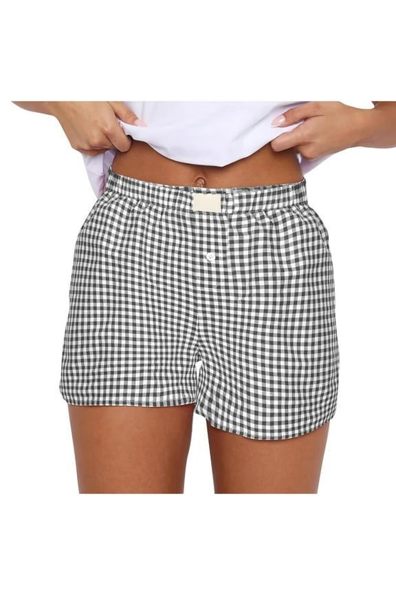 Women's Pajama Boxers Shorts Casual Soft Plaid Elastic Waist Button Front Lounge Bottoms Sleep Shorts Pjs Pants