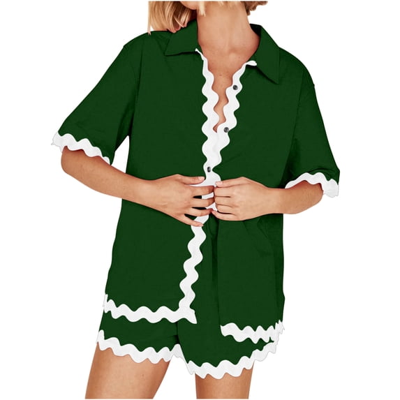 BLVB Women's Pajama Sets 2 Piece Outfits Short Sleeve Button down Lapel Shirts with Wide Leg Shorts Lounge Sets Sleepwear