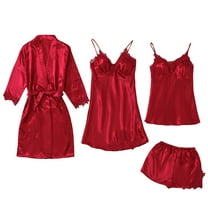 BLVB Women's Pajama Sets 4 Piece Silk Satin Outfits Cami Shorts Nightgown with Robes Sleepwear Loungewear