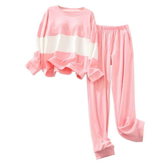 BLVB Women's Pajama Sets Casual Soft Color Block Crew Neck Long Sleeve Tops and Pants 2 Piece Outfits Sleepwear Pjs