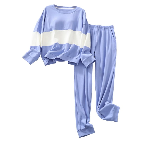 BLVB Women's Pajama Sets Casual Soft Color Block Crew Neck Long Sleeve Tops and Pants 2 Piece Outfits Sleepwear Pjs