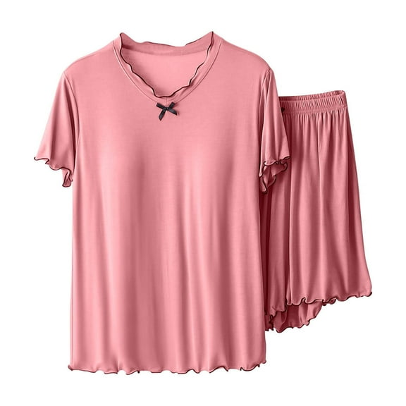 BLVB Women's Pajamas 2 Piece Outfits Casual Comfy Crewneck Short Sleeve Tops and Shorts Sets Summer Sleepwear Pjs