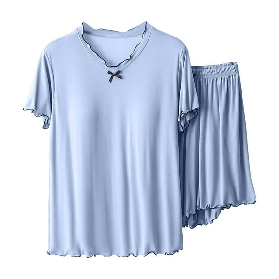 BLVB Women's Pajamas 2 Piece Outfits Casual Comfy Crewneck Short Sleeve Tops and Shorts Sets Summer Sleepwear Pjs