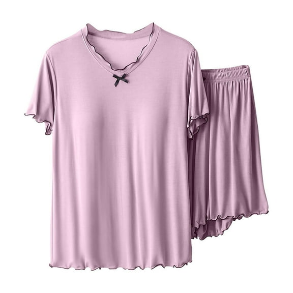 BLVB Women's Pajamas 2 Piece Outfits Casual Comfy Crewneck Short Sleeve Tops and Shorts Sets Summer Sleepwear Pjs