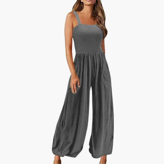 BLVB Women's Plus Size Jumpsuits Casual Loose Overalls One-Piece Sleeveless Smocked Wide Leg Long Pant Rompers