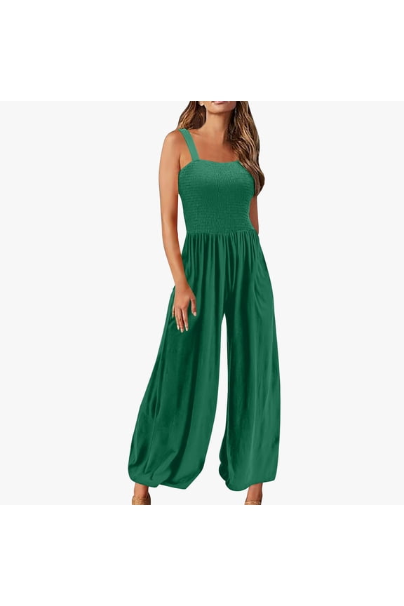 Women's Plus Size Jumpsuits Casual Loose Overalls One-Piece Sleeveless Smocked Wide Leg Long Pant Rompers