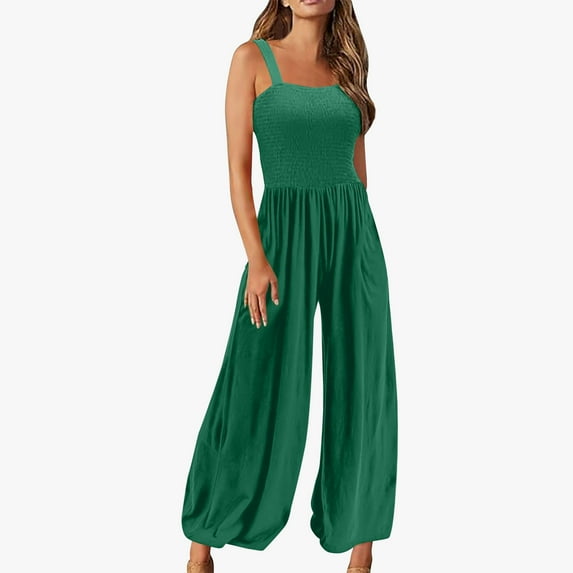 BLVB Women's Plus Size Jumpsuits Casual Loose Overalls One-Piece Sleeveless Smocked Wide Leg Long Pant Rompers