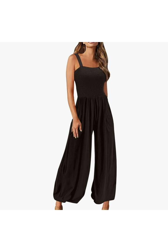 Women's Plus Size Jumpsuits Casual Loose Overalls One-Piece Sleeveless Smocked Wide Leg Long Pant Rompers