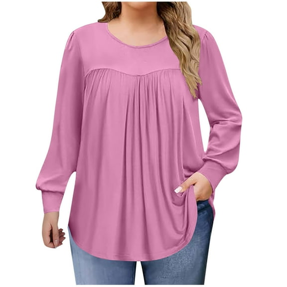 BLVB Women's Plus Size Long Sleeve Tunic Tops Pleated Crew Neck Shirts Casual Loose Blouse Fall Winter T-Shirt