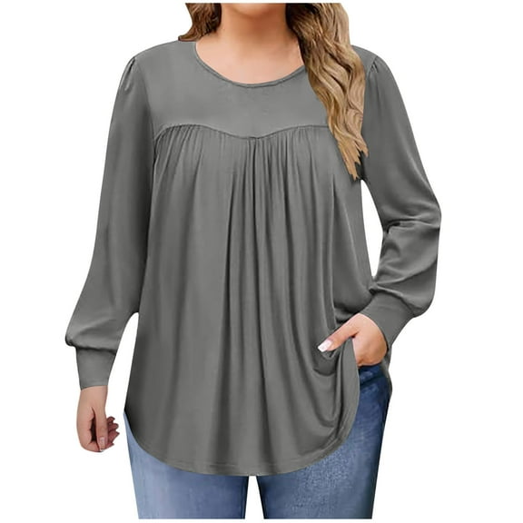 BLVB Women's Plus Size Long Sleeve Tunic Tops Pleated Crew Neck Shirts Casual Loose Blouse Fall Winter T-Shirt