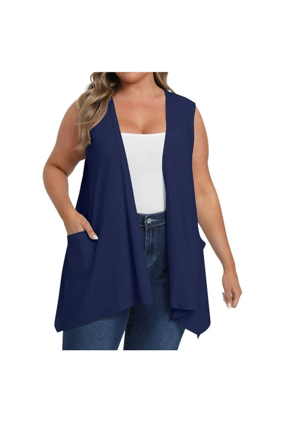 Women's Plus Size Sleeveless Open Front Draped Cardigan Vest Lightweight Cover Ups Coat with Pockets