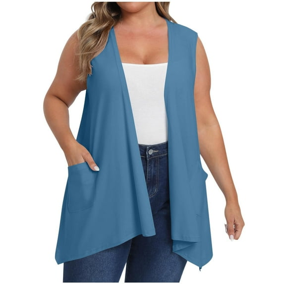 BLVB Women's Plus Size Sleeveless Open Front Draped Cardigan Vest Lightweight Cover Ups Coat with Pockets