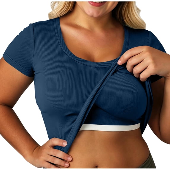 BLVB Women's Plus Size Tops Short Sleeve Scoop Neck T Shirts Summer Ribbed Knit Basic Casual Tees Blouse with Chest Pad