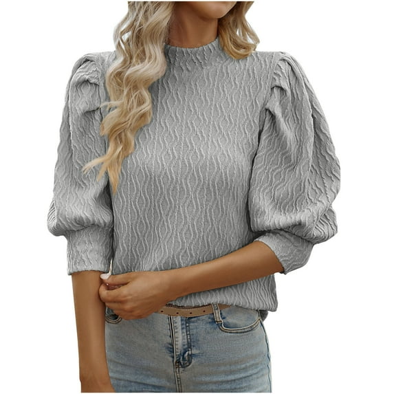 BLVB Women's Puff 3/4 Sleeve T Shirt Dressy Casual Work Tops Summer Mock Neck Blouse Loose Solid Color Tee Shirts