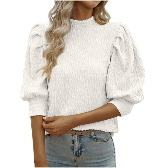 BLVB Women's Puff 3/4 Sleeve T Shirt Dressy Casual Work Tops Summer Mock Neck Blouse Loose Solid Color Tee Shirts