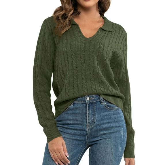 BLVB Women's Pullover Sweaters V Neck Long Sleeve Cable Knit Jumper Tops Casual Comfy Fall Winter Clothes