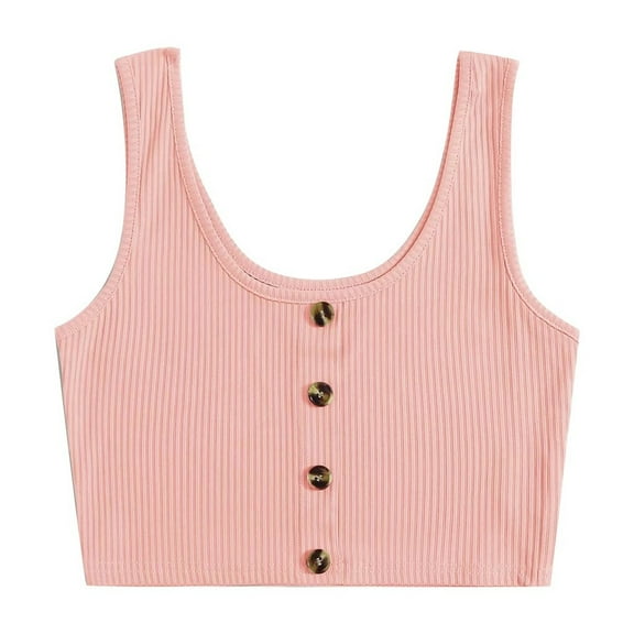 BLVB Women's Ribbed Knit Scoop Neck Sleeveless Plain Crop Tank Top Button Front Tank Shirts Vest