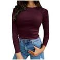 thumbnail image 1 of BLVB Women's Ribbed Knit Tops Crewneck Solid Color Long Sleeve T Shirts Slim Fitted Casual Stretch Tight Basic Tee, 1 of 5