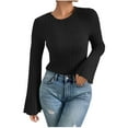 thumbnail image 1 of BLVB Women's Ribbed Long Bell Sleeve Tops Crew Neck Slim Fit Undershirts Knit Basic Casual Stretch Going out Tee Shirts, 1 of 5