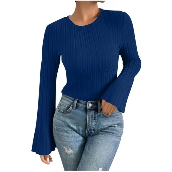 BLVB Women's Ribbed Long Bell Sleeve Tops Crew Neck Slim Fit Undershirts Knit Basic Casual Stretch Going out Tee Shirts
