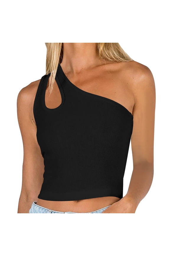 Women's Ribbed One-Shoulder Tank Top Sleeveless Tops Basic Crop Cami Shirts Summer Tunic Tee Tops Black