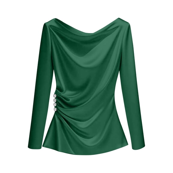 BLVB Women's Satin Blouse Ruched Cowl Neck Elegant Shirt Long Sleeve Spring Summer Tops Casual Work Office Outfits