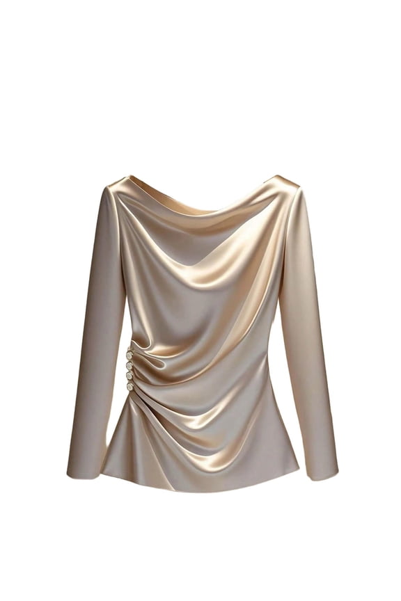 Women's Satin Blouse Ruched Cowl Neck Elegant Shirt Long Sleeve Spring Summer Tops Casual Work Office Outfits