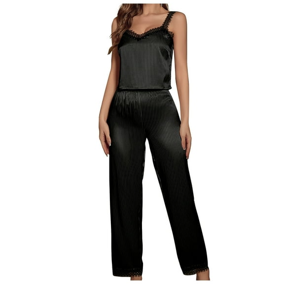BLVB Women's Satin Pajama Sets 2 Piece Lace V Neck Sleeveless Cami Tops and Pants Outfits Sleepwear Pjs