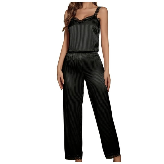 BLVB Women's Satin Pajama Sets 2 Piece Lace V Neck Sleeveless Cami Tops and Pants Outfits Sleepwear Pjs