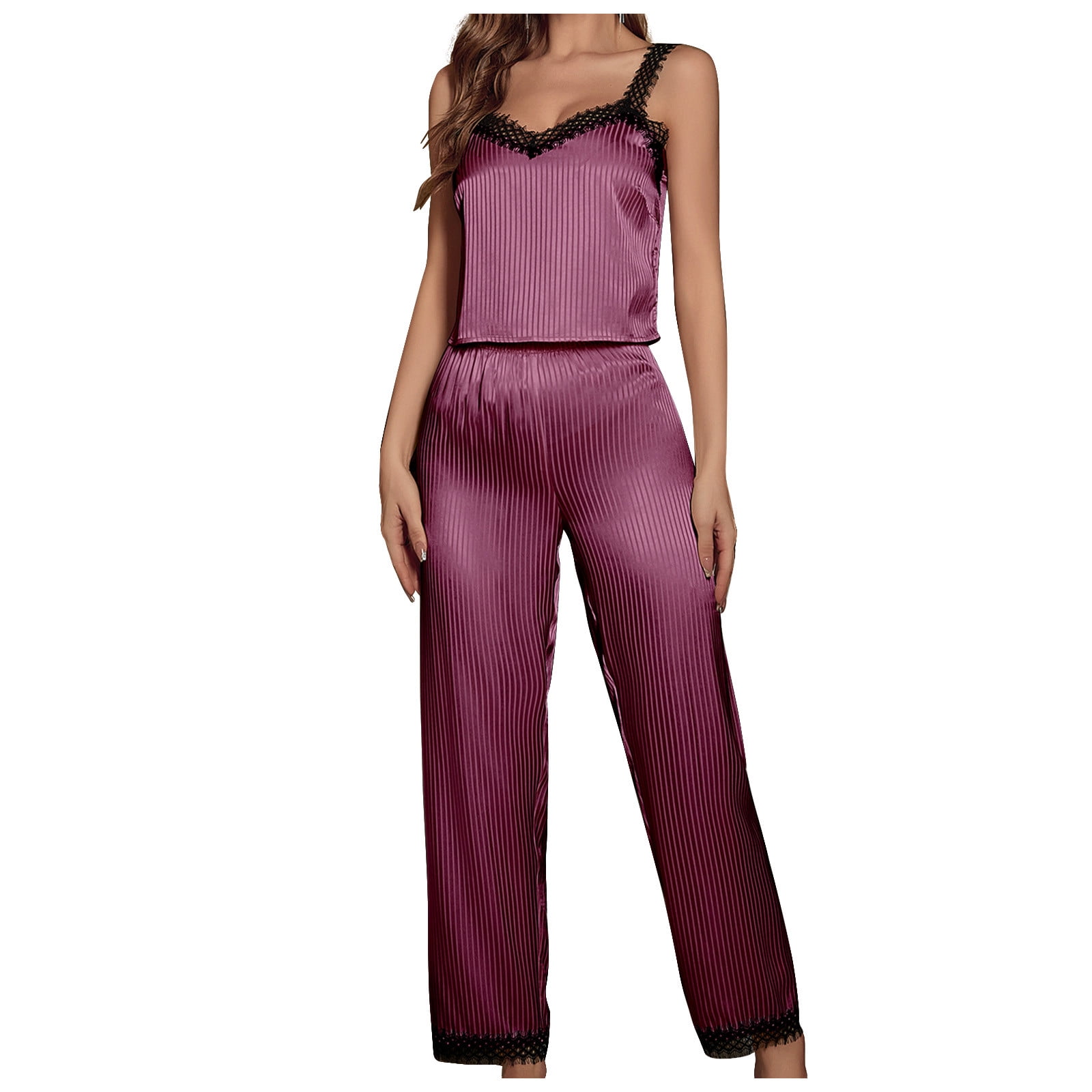 Besolor Women's Satin Pajama Set 2 Piece Lace Trim Sleeveless Cami Tops And Shorts Pjs Set Sleepwear