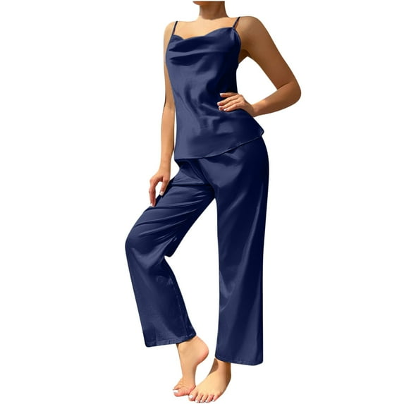 BLVB Women's Satin Pajamas Summer 2 Piece Outfits Cowl Neck Sleeveless Spaghetti Strap Cami Tops and Pants Sets Sleepwear Pjs