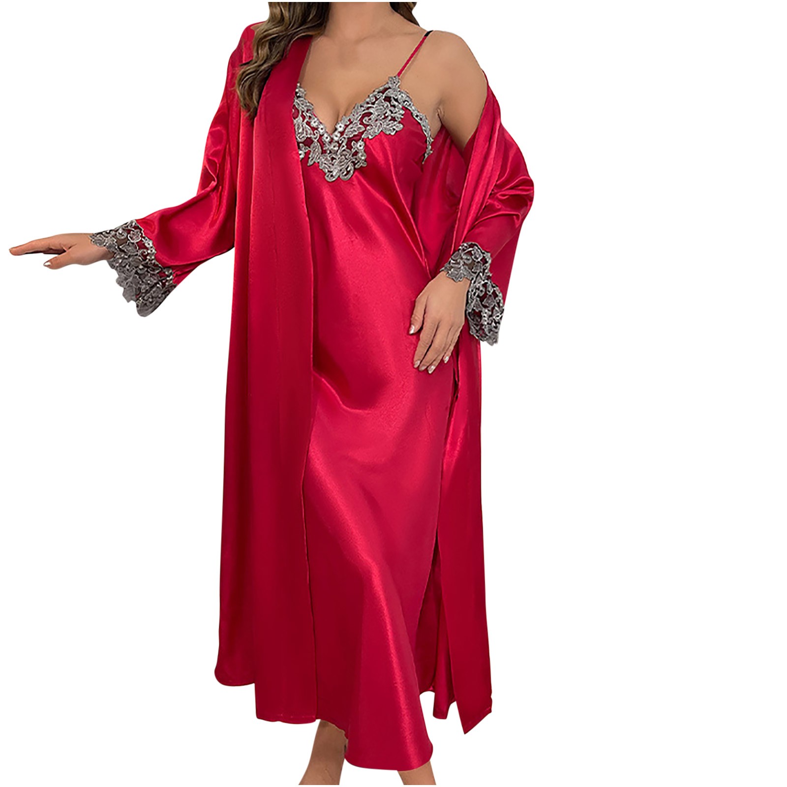 BLVB Women's Satin Robe Set 2 Piece Silk Lingerie Sets Lace V Neck Cami ...