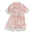 thumbnail image 1 of BLVB Women's Satin Silk Pajamas Set Lace Short Sleeve Button down Shirt and Shorts 2 Piece Outfits Sleepwear Loungewear, 1 of 3