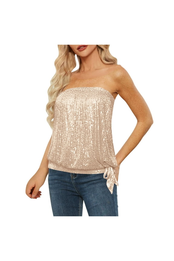 Women's Sequin Bandeau Tops Strapless Stretchy Sparkly Glitter Tube Tops Clubwear for Party Beige