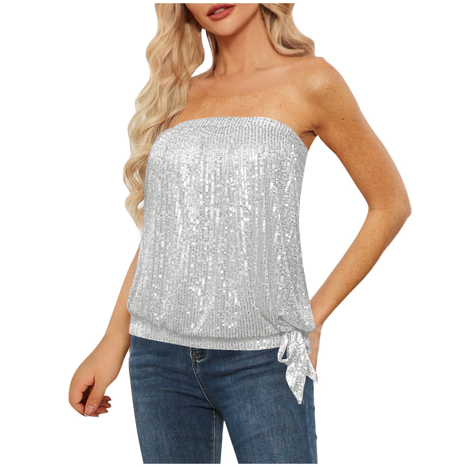 Jalioing Sequin Tube Top for Women Strapless Wrapped Tops