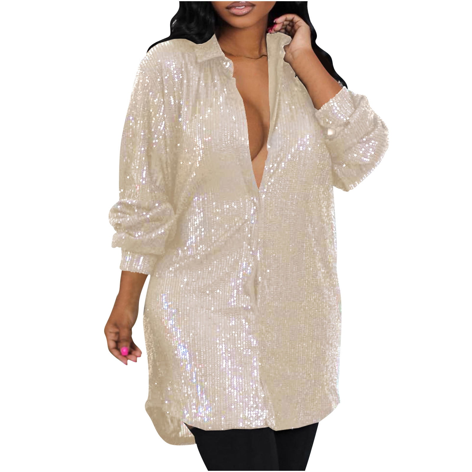 BLVB Women's Sequin Sparkly Button Down Shirt Dress Long Sleeve