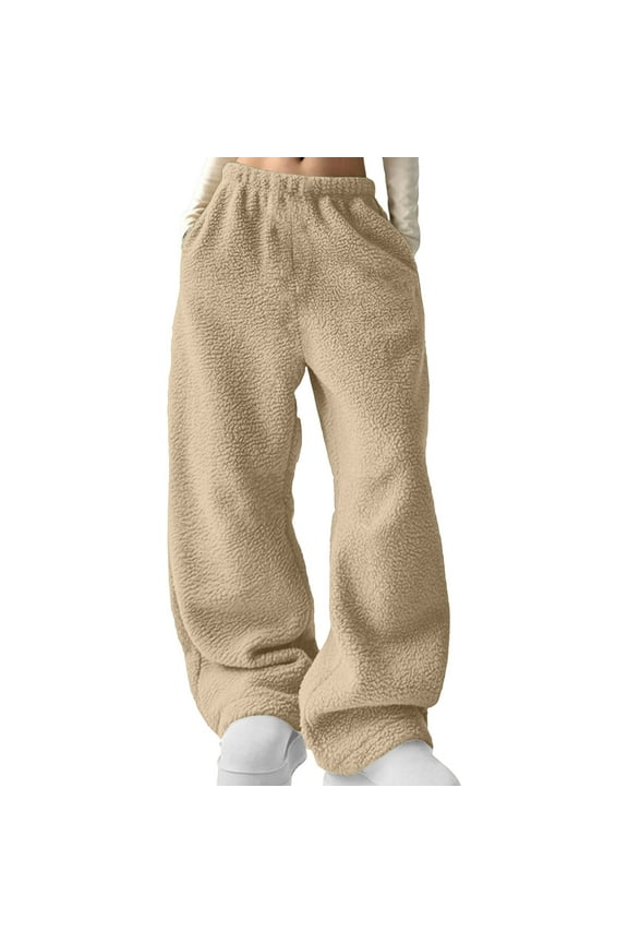 Women's Sherpa Fuzzy Lounge Pants Comfy Winter Warm Fleece Pajama Long Pants Elastic Waist Wide Leg Bottoms