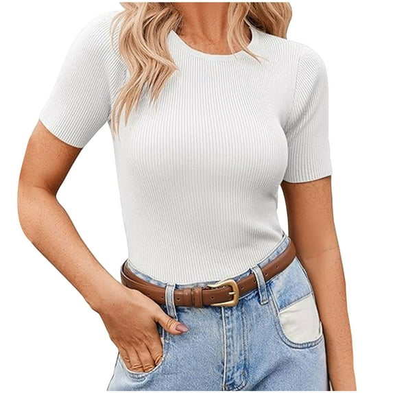 BLVB Women's Short Sleeve Basic Slim Fitted Tops Crewneck Ribbed Knit T Shirt Going out Tops Cute Summer Outfits