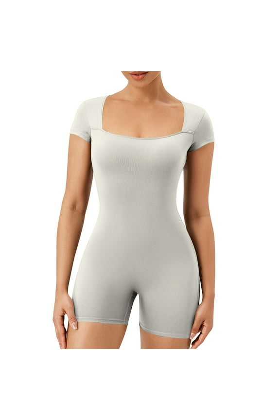 Women's Short Sleeve Bodycon Romper Stretchy Square Neck Yoga Exercise Unitard Jumpsuit Gym Clothes